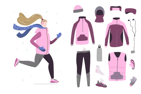 Illustration of young woman running in winter cold season with winter running gear. Handdrawn vector illustrationのイラスト素材