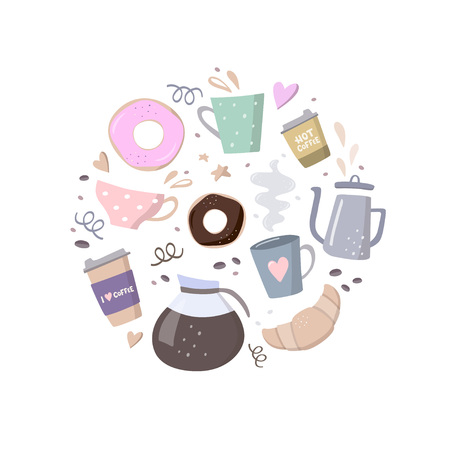Round composition with coffee illustrations. Coffee to go, coffee pots, cups,croissant, cookie and design elements. Handdrawn vector illustration on black backgroundのイラスト素材