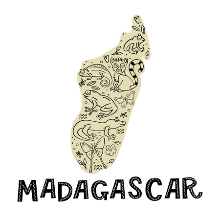Madagascar map with doodle animal and Madagascar handlettering word. Frog, chameleon, butterfly, gekko, lemur. Hand drawn vector illustration.のイラスト素材
