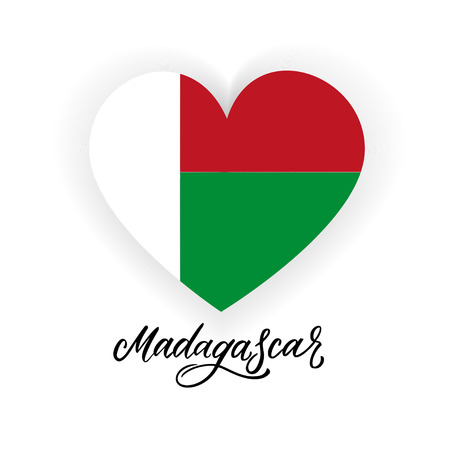 Flag of Madagascar in shape of heart with Madagascar handlettering. Vector illustrationのイラスト素材