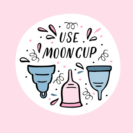 Vector illustration of Period cup with handdrawn design elements. Round composition with hand lettering and rose backgroundのイラスト素材