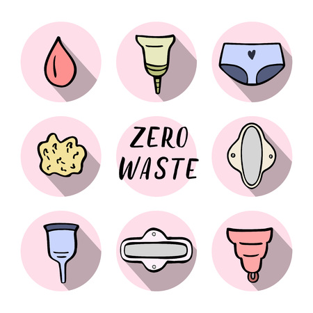 Zero waste women hygiene icons. Hand drawn vector illustration.のイラスト素材