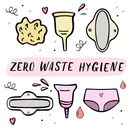 Zero waste women hygiene objects. Pad, period cup, pants, sponge. Hand drawn vector illustration isolated on white.のイラスト素材