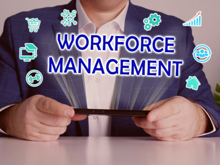 WORKFORCE MANAGEMENT text in search line. Loan officer looking for something at computer. WORKFORCE MANAGEMENT concept.の写真素材
