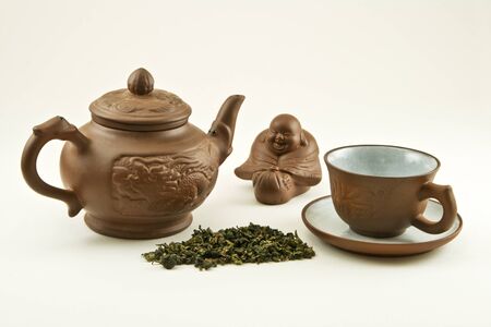 Pottery tea and service isolated on whiteの写真素材