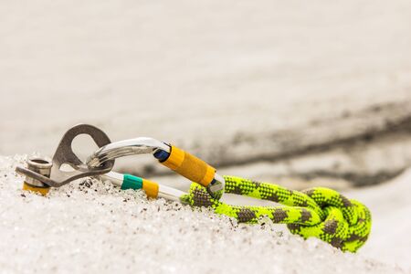 Climbing equipment on an ice site of way. Side viewの写真素材