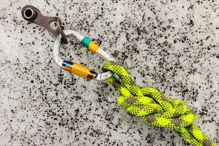 Sports equipment for mountaineering rope, carbine and ice drill . Top viewの写真素材