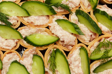 Sandwiches from bread and a meat stuffing under cucumberの写真素材