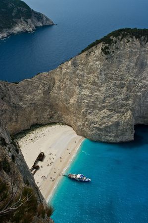 Navagio Beach, or the Shipwreck Bay,  an isolated sandy cove on Zakynthos Island - one of the most...