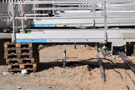 City construction site with temporary walkways
