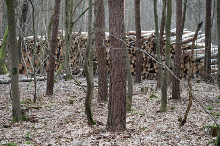 Timber storage seen from the forestの写真素材