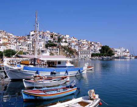 Skopelos town. A greek island. Looking over the harbour towards the church.の写真素材