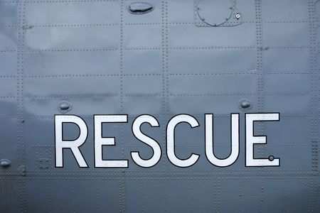 Rescue sign painted in white on a helicopterの写真素材