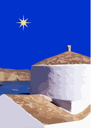 Illustration of a Greek church over looking a bay of an islandのイラスト素材