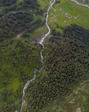 One of the most beautiful scenery in Switzerland. Amazing view in the Swiss alps. Fly like a bird in the sky with a Drone. See waterfalls and forest all day.の写真素材