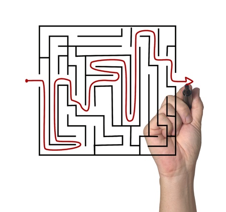 maze of rectangular panels between which the red arrow. の写真素材
