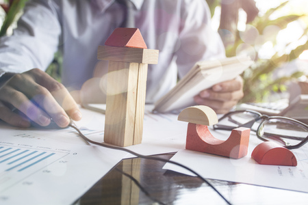 Planning, risk and strategy in business, business gambling placing wooden blockの写真素材