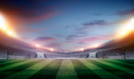 Football Arena. Sports stadium with lights background, 3D rendering.の写真素材