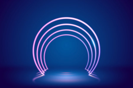 3d render, blue pink neon round frame, circle, ring shape, fashion show stage, abstract backgroundの写真素材