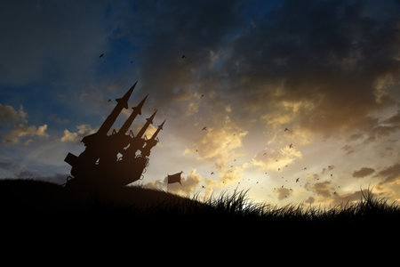 Anti-aircraft cruise missiles on a launcher, dramatic skyの写真素材