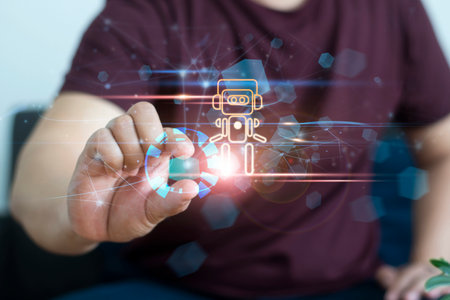 Metaverse Technology concepts. Hand touching digital chatbot for provide access to information and data in online network, robot application and global connection, AI,の写真素材