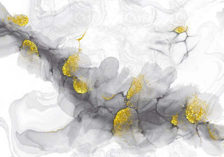 Luxury abstract fluid art painting background alcohol ink technique black and gold, luxury wallpaper mixing acrylic paints in modern art.の写真素材