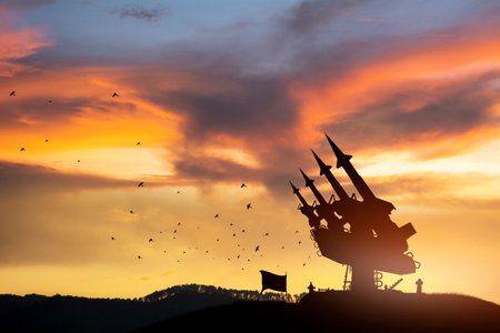 Anti-aircraft cruise missiles on a launcher, dramatic skyの写真素材