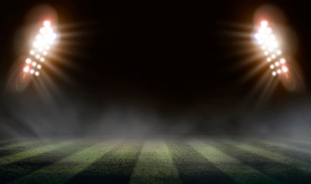 Soccer stadium field, Green soccer field, bright spotlights,の写真素材