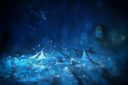 Abstract background of connecting lines and dots. with empty space on the side dark blue background. network connection concept, plexus technology, security protectionの写真素材