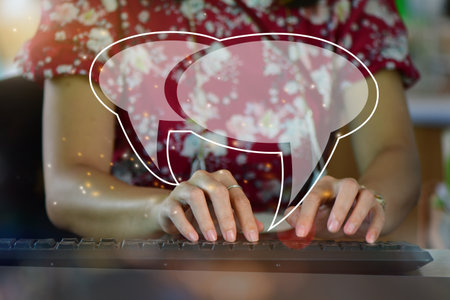 women's hand typing on keyboard laptop, Live Chat Chatting on application Communication Digital Web...