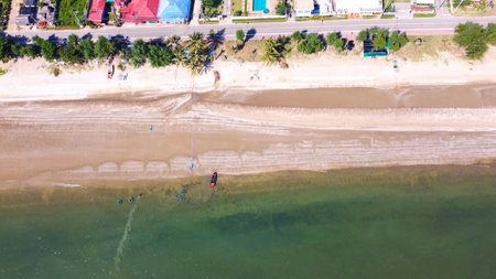 White sand beach turquoise sea wave aerial view copy space Sam Roi Yot Thailandの写真素材
