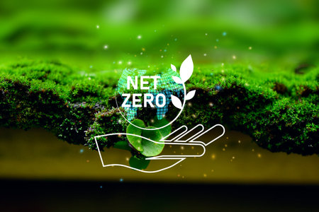 The concept of carbon neutral and net zero. natural environment A climate-neutral long-term strategy greenhouse gas emissions targets with green net center icon on green backgroundの写真素材