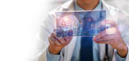 Medicine doctor touching electronic medical record on virtual screen, Brain Analysis, medical technology and futuristic concept.の写真素材