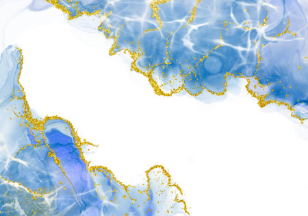 Abstract watercolor or alcohol ink art blue white background with golden crackers. Pastel blue marble drawing effect.の写真素材