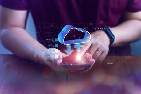 Business touching connect to data information on cloud computing network and technology, Cloud...