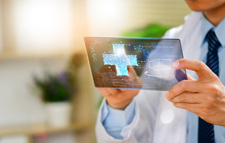 touch virtual medical network icons. Diseases develop people awareness on healthcare. healthcare business graph growth and medical rising growth in hospitalの写真素材