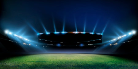 Green soccer field, bright spotlights,の写真素材