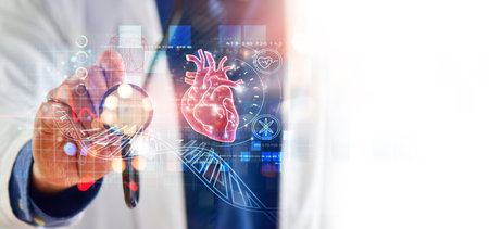 doctor's hand touches virtual screen interface with stethoscope. Medical icon network connection on modern virtual screen networking interface on hospital background, modern medical technologiesの写真素材