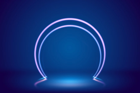 3d render, blue pink neon round frame, circle, ring shape, fashion show stage, abstract backgroundの写真素材