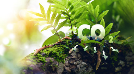 Green moss and ferns in Tropical forest, Reduce CO2 emission concept. Clean and friendly environment in forest without carbon dioxide emissions on bright sunlight.の写真素材