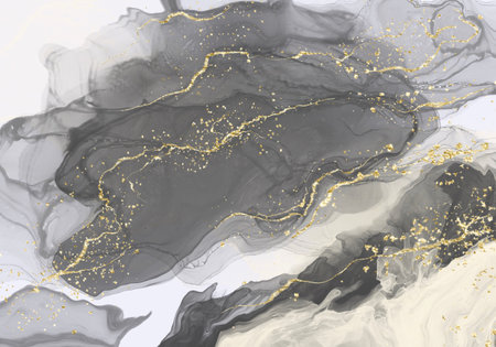 Luxury abstract fluid art painting background alcohol ink technique black and gold, luxury wallpaper mixing acrylic paints in modern art.の写真素材