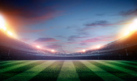 Football Arena. Sports stadium with lights background, 3D rendering.の写真素材