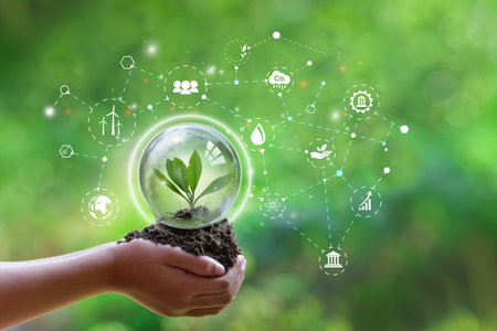 Hand holding green leaf with Net-Zero icons. CO2 Net-Zero Emission - Carbon Neutrality concept.の写真素材