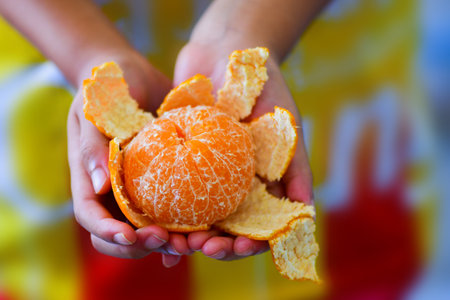 little girl holding orange fruit in her hand,の写真素材