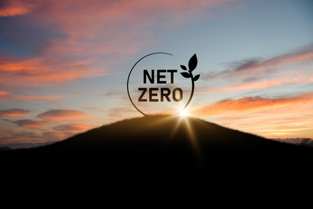 Symbol Net zero on hills energy renewable station waste free world clean power net zeroの写真素材