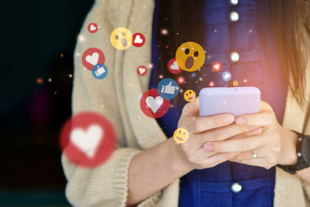 Social media and digital online concept, woman using smart phone with Social media. Working From...
