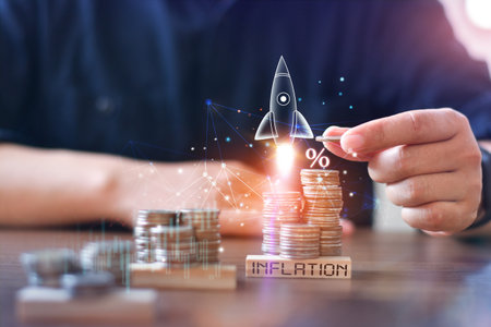 inflation word on coins, icon transparent rocket is launching, idea consider interest rate hike, world economics and inflation control, inflation conceptの写真素材
