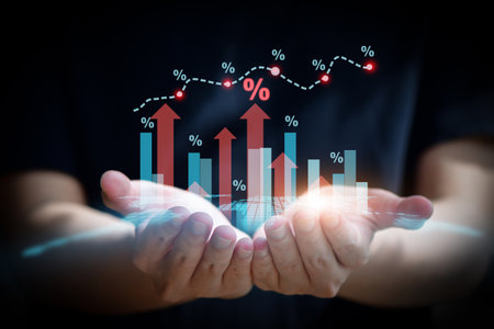 Interest rate and dividend concept. Businessman with percentage symbol and up arrow, Interest rates continue to increase, return on stocks and mutual fundsの写真素材