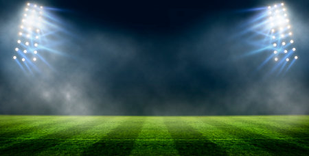 lights at night and stadium colorful flashlights background. Flyer with copy space in modern colors. Concept of sport,の写真素材