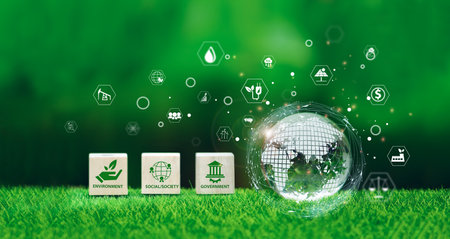Glass globe in green forest with the icon environment of ESG, co2, circular company, and net zero. Technology Environment, Organization Sustainable development environmental.の写真素材